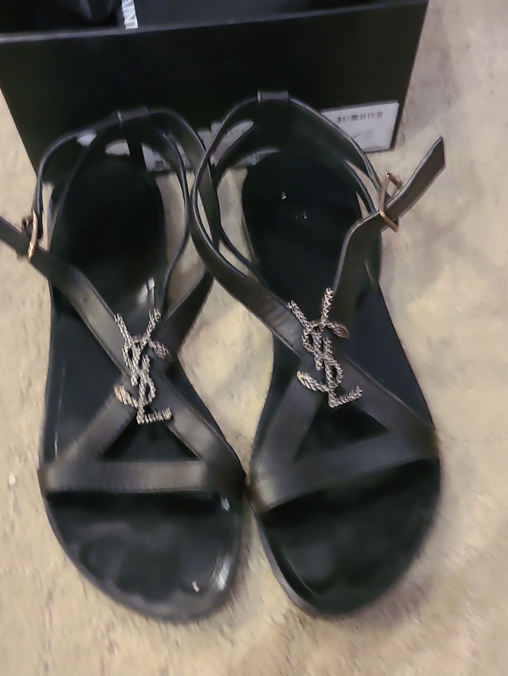 Saint Laurent Black Leather Logo T-Strap Sandals